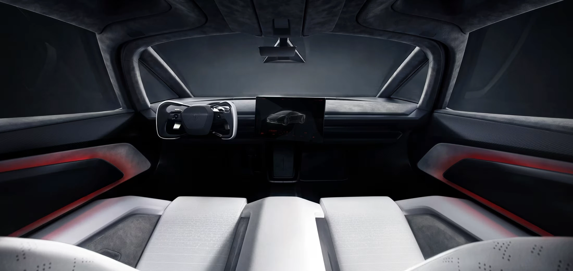 Interior oficial del Tesla Roadster con volante tipo yugo y pantallas